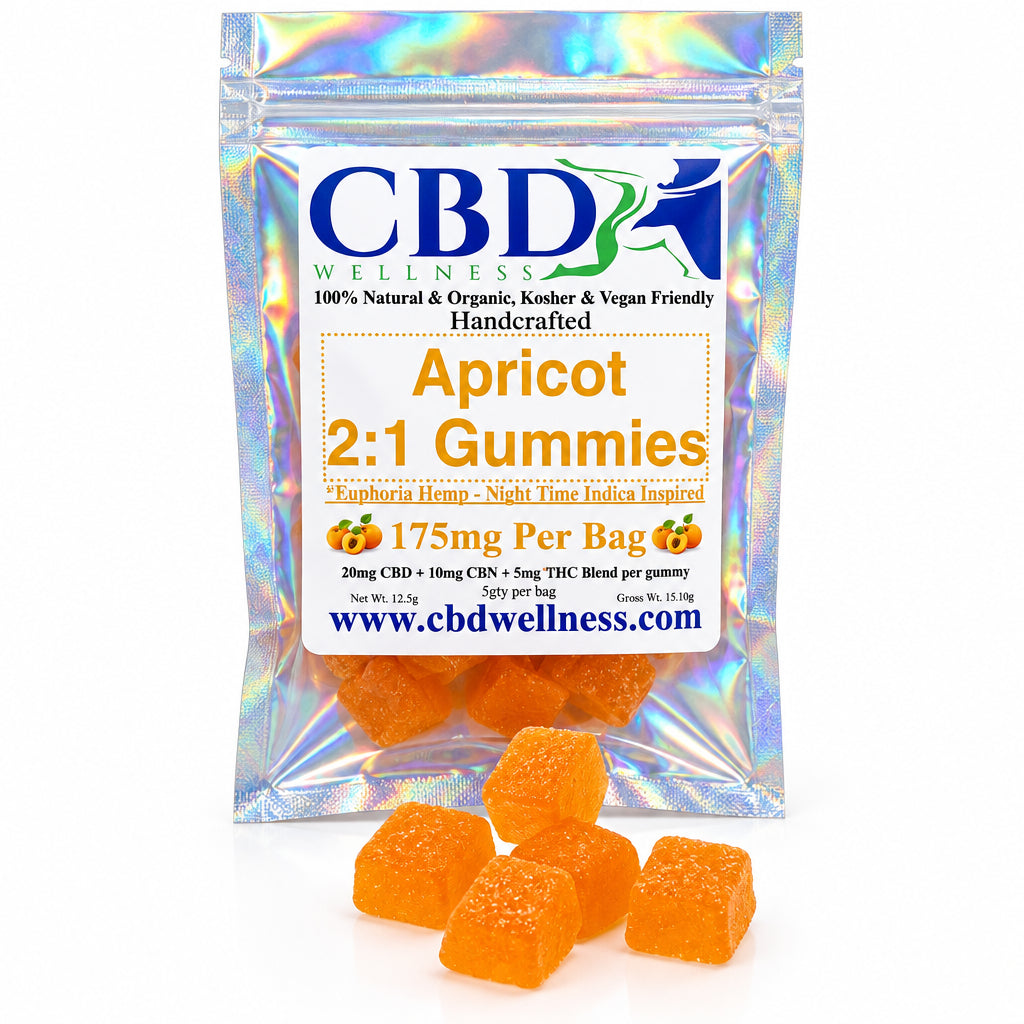 A stand-up pouch of CBD wellness gummies with a white label reading 'CBD Wellness Apricot 2:1 Gummies' and several orange gummy cubes placed in front on a plain light background.