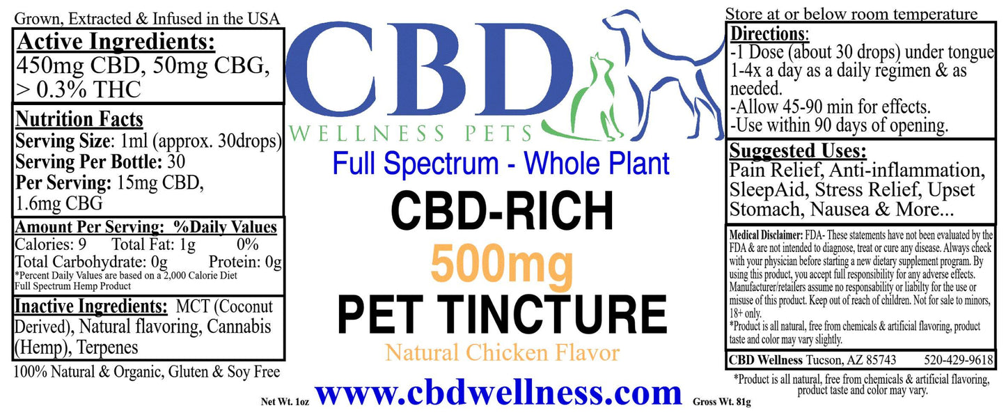 CBD Wellness 500mg CBD-Rich Chicken Pet Tincture label — full-spectrum whole plant hemp, 450mg CBD + 50mg CBG, 15mg CBD per serving, THC-free, for dogs and cats