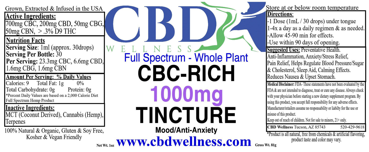A square product information panel for CBD Wellness 'Full Spectrum - Whole Plant' 'CBC-RICH 1000mg TINCTURE'. The panel features a white background with blue and black text, detailing ingredients, nutrition facts, directions, and warnings.