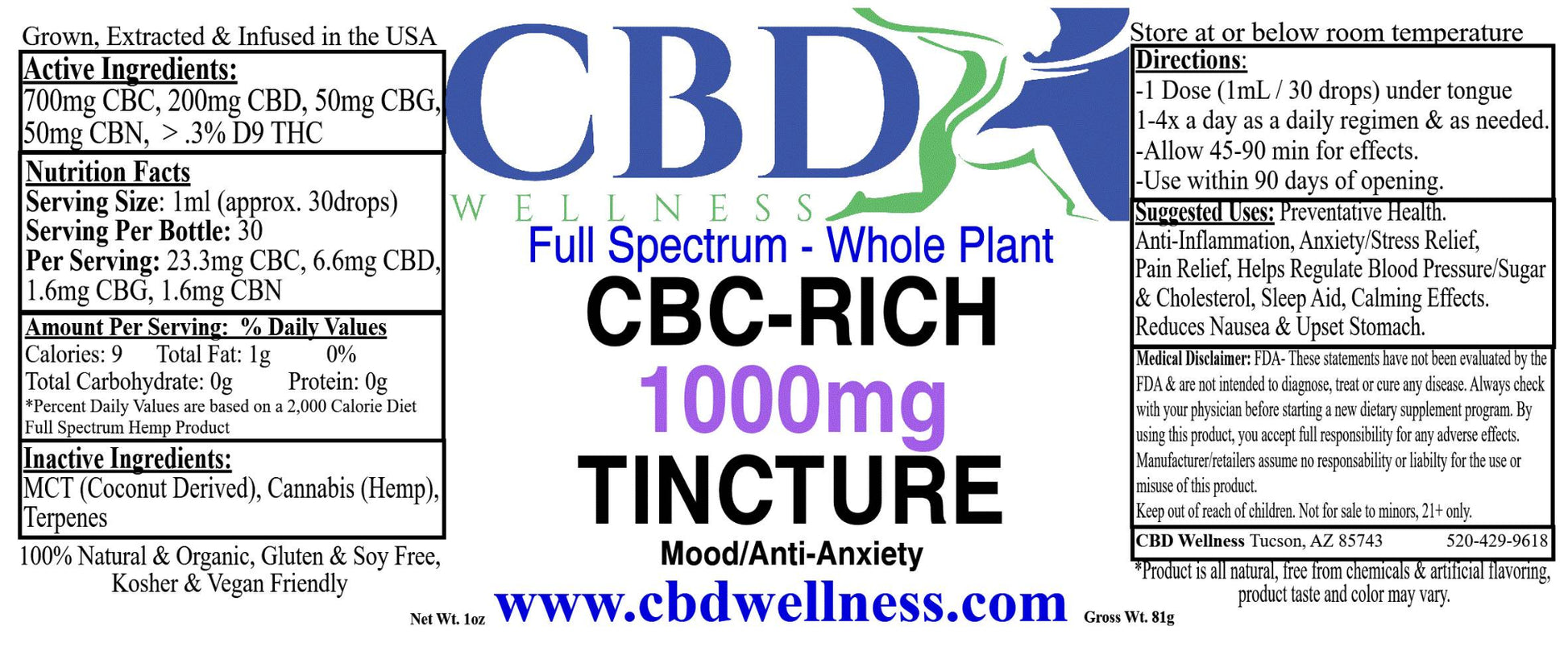 A square product information panel for CBD Wellness 'Full Spectrum - Whole Plant' 'CBC-RICH 1000mg TINCTURE'. The panel features a white background with blue and black text, detailing ingredients, nutrition facts, directions, and warnings.
