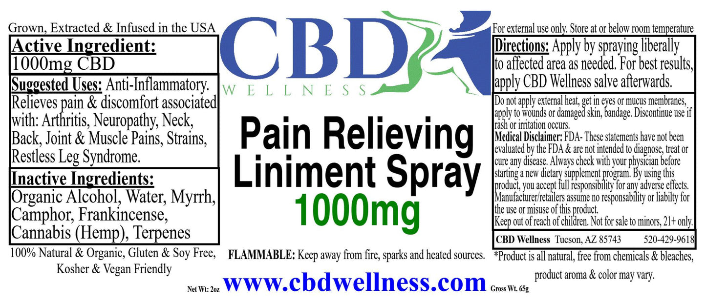 A rectangular product label for CBD Wellness Pain Relieving Liniment Spray 1000mg, with a white background, black and green text, and a blue-and-white CBD Wellness logo at the top.