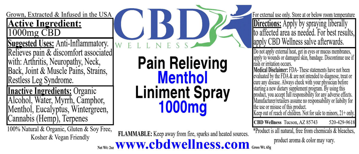 A rectangular product label for CBD Wellness Pain Relieving Menthol Linem Spray 1000mg, featuring a white background with blue and green branding and extensive black text detailing ingredients, directions, and warnings.
