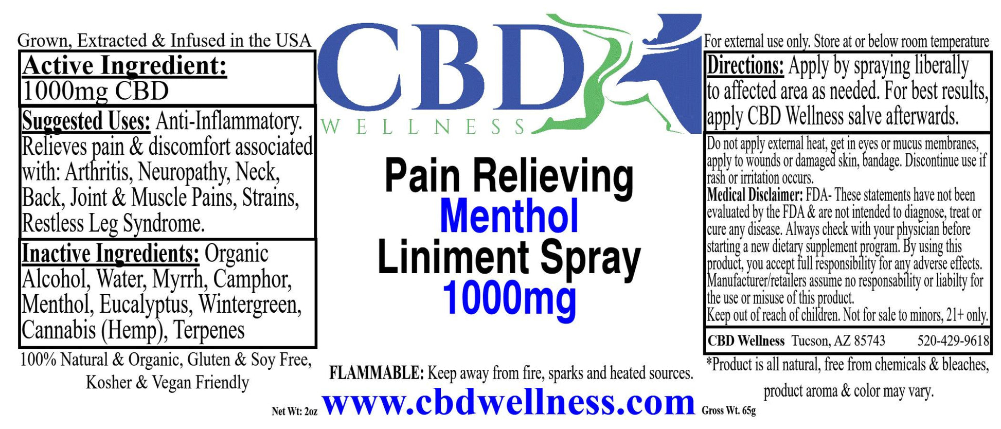 A rectangular product label for CBD Wellness Pain Relieving Menthol Linem Spray 1000mg, featuring a white background with blue and green branding and extensive black text detailing ingredients, directions, and warnings.