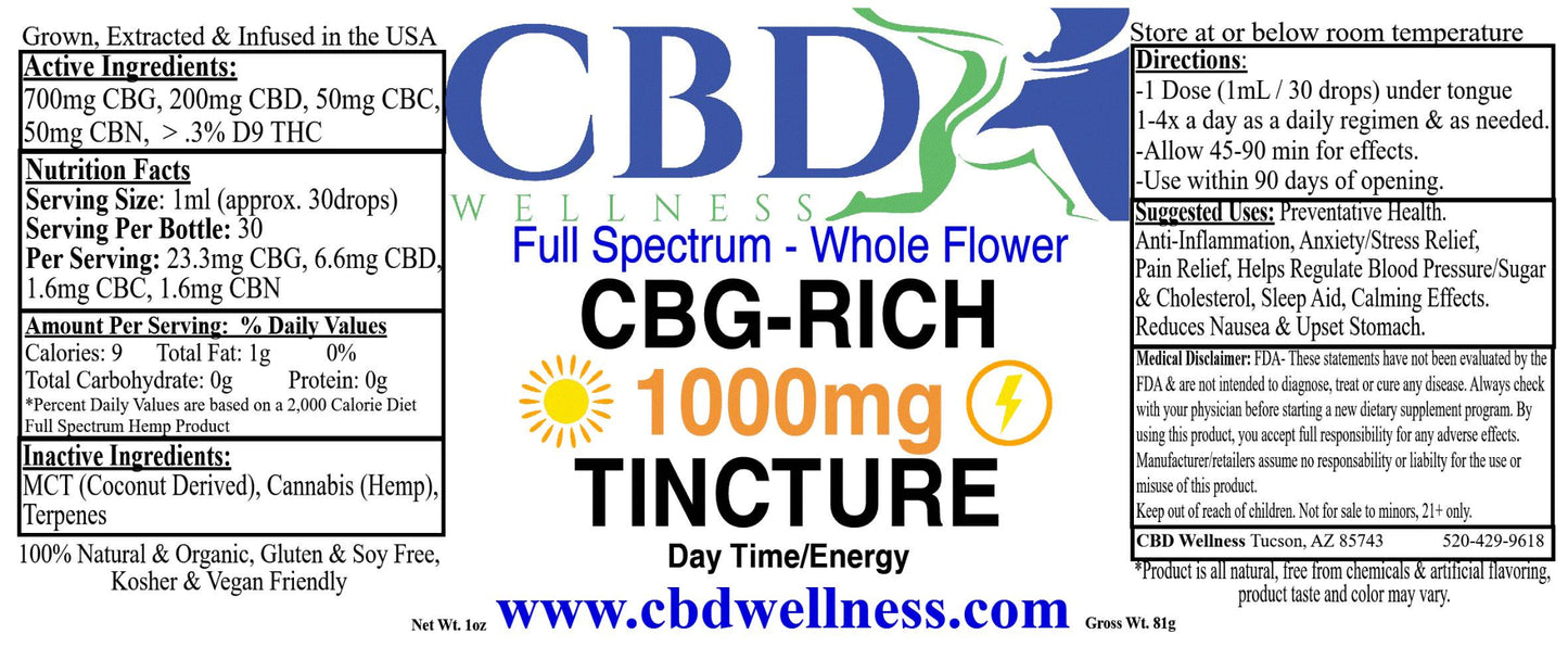 Front and back of a CBD tincture label for 'CBG-RICH 1000mg TINCTURE' by CBD Wellness. The left side shows product details, ingredients, directions, and a yellow sun graphic.