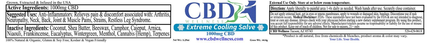 CBD Wellness 1000mg Extreme Cooling Salve Label – Active Ingredients, Suggested Uses for Arthritis, Back Pain, Muscle Strains & Restless Leg, Coconut, Shea Butter, Eucalyptus, Menthol, Full Spectrum Hemp, 1.25oz
