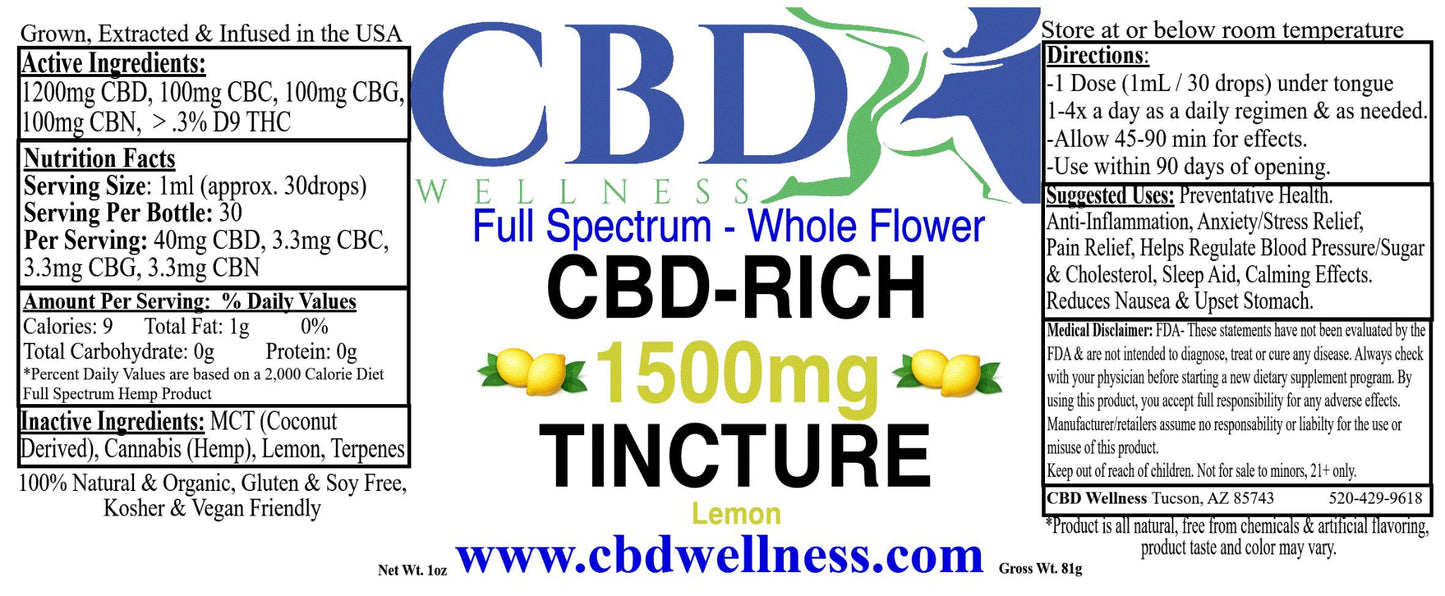 A product information label for CBD-RICH Lemon Full Spectrum tincture. The label features a white background with black text and a prominent yellow diagonal banner highlighting 'CBD-RICH 1500mg TINCTURE'.