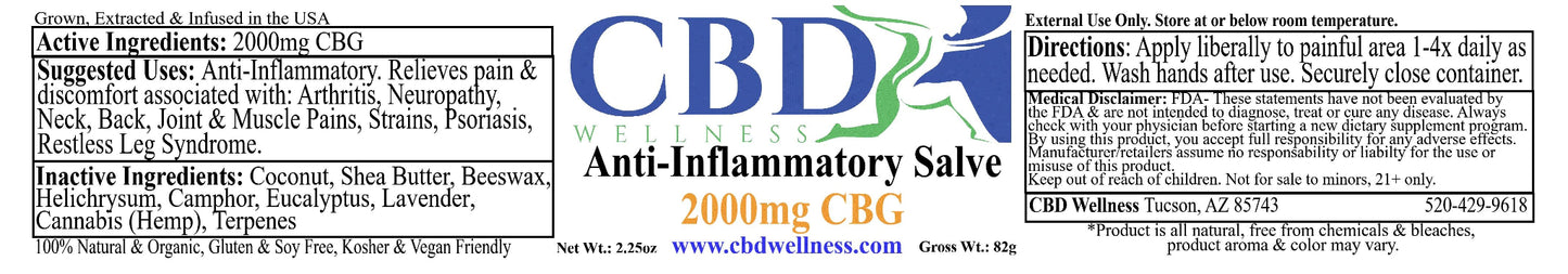 A narrow product information panel for CBD Wellness Anti-Inflammatory Salve 2000mg CBG, showing the CBD Wellness logo, product name, suggested use, directions, ingredients, and contact information on a white background.