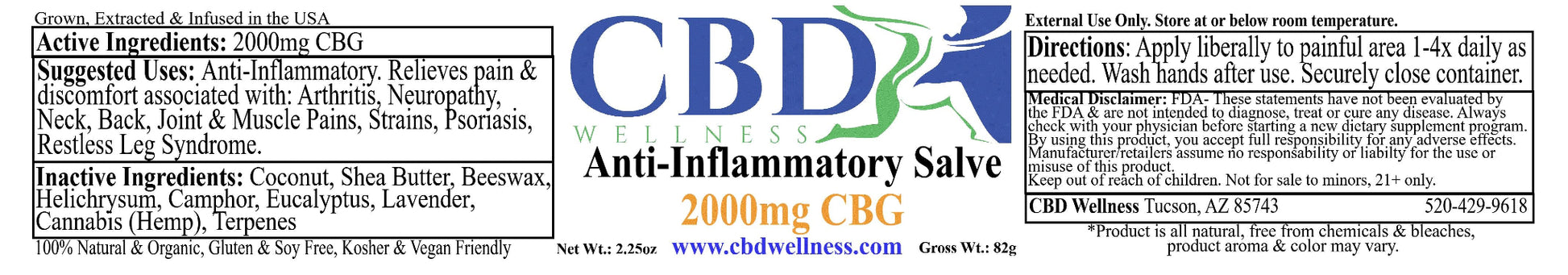 A narrow product information panel for CBD Wellness Anti-Inflammatory Salve 2000mg CBG, showing the CBD Wellness logo, product name, suggested use, directions, ingredients, and contact information on a white background.