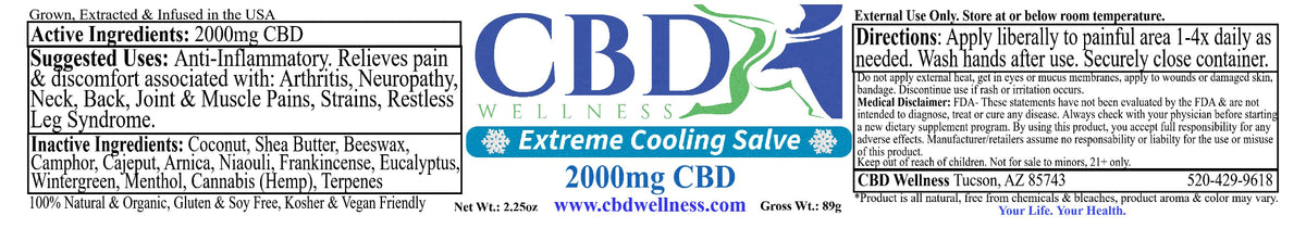 A long, narrow product information panel for CBD Extreme Cooling Salve, showing the brand logo 'CBD WELLNESS' and product details including ingredients, directions, and usage instructions on a white background.