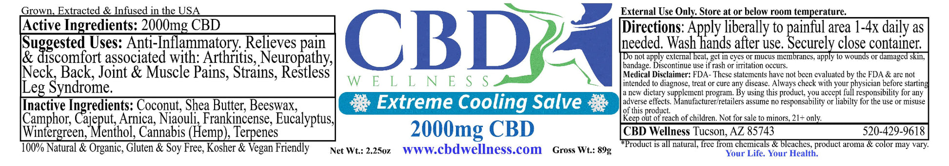 A long, narrow product information panel for CBD Extreme Cooling Salve, showing the brand logo 'CBD WELLNESS' and product details including ingredients, directions, and usage instructions on a white background.