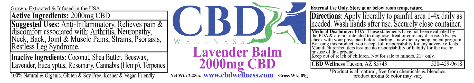 A digital banner advertisement for CBD Lavender Balm 2000mg by Wellness CBD. The banner features a blue and white striped background with the product name 'Lavender Balm 2000mg' in purple text, active and inactive ingredients listed in small text, and a blue 'CBD WELLNESS' logo.