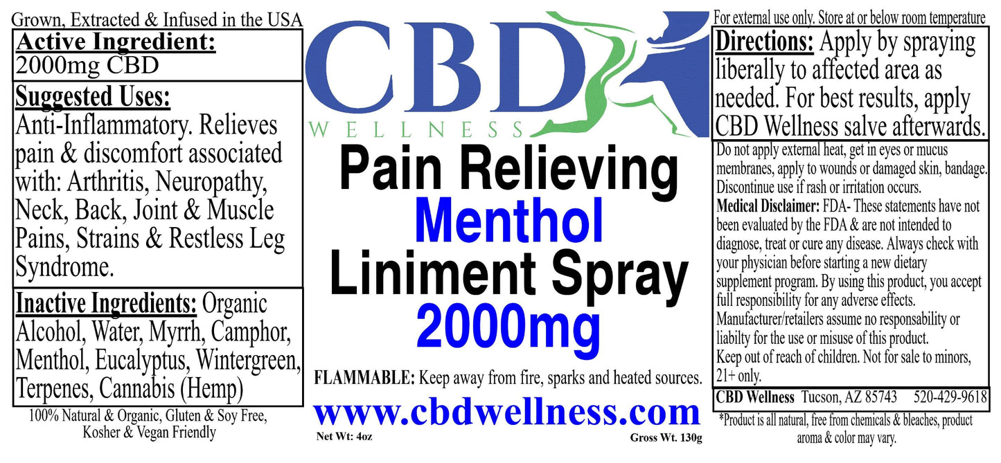A rectangular product label for CBD Pain Relieving Menthol Liniment Spray 2000mg, featuring a white background with a large blue and green CBD logo at the top, bold black and blue text in the center, and smaller black text and a warning panel at the bottom.