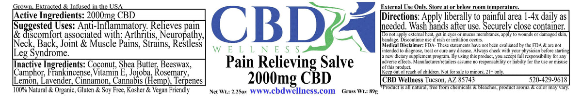 A rectangular product label for CBD Wellness Pain Relieving Salve 2000mg, featuring a white background with blue and green text and graphics, including a large 'CBD WELLNESS' logo and a warning label on the right.