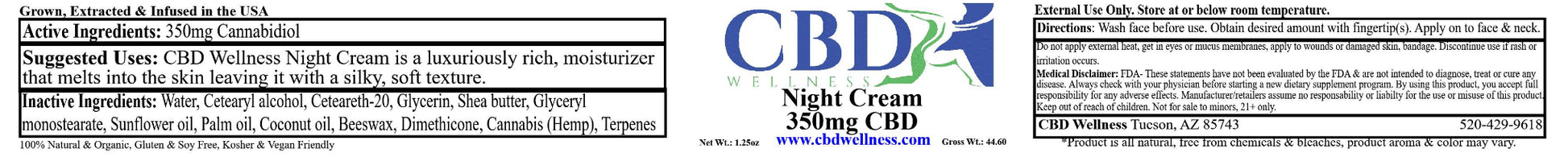 A close-up of a product label for CBD Night Cream, showing the brand name CBD Wellness, product name, ingredients, and usage suggestions.