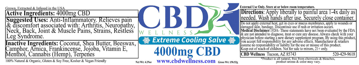 A rectangular product label for CBD Extreme Cooling Salve 4000mg CBD, featuring a white background with blue and green text and logos, alongside a side panel with usage directions and ingredients.
