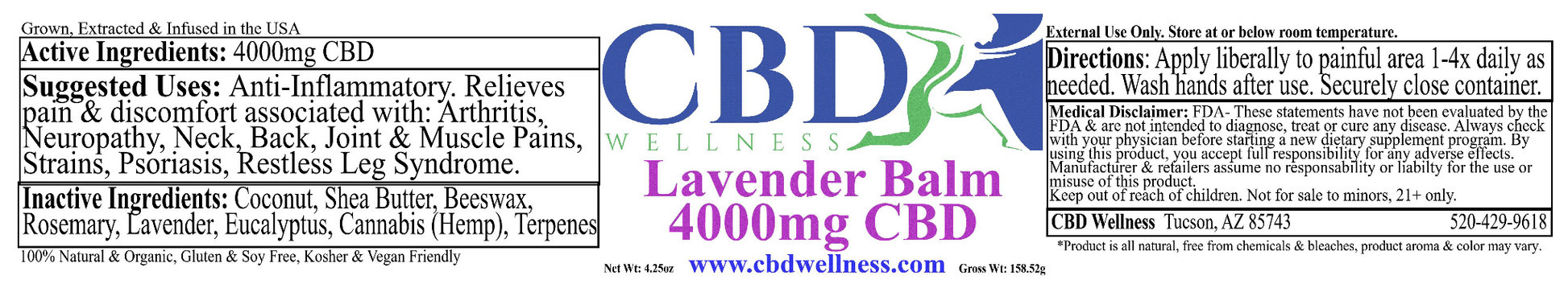 A product information panel for CBD Lavender Balm 4000mg. The panel features a white background with blue and green text and logos, detailing active and inactive ingredients, suggested uses, directions, and a disclaimer. cbdwellness.com