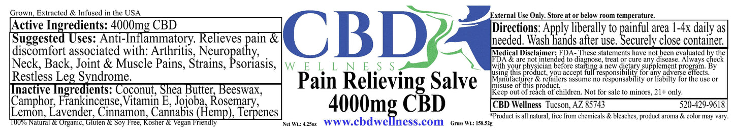 A product information card for CBD Wellness Pain Relieving Salve 4000mg CBD, showing active and inactive ingredients, directions, and a blue and white CBD Wellness logo on a white background.