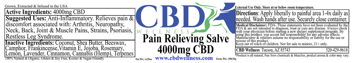 A product information card for CBD Wellness Pain Relieving Salve 4000mg CBD, showing active and inactive ingredients, directions, and a blue and white CBD Wellness logo on a white background.