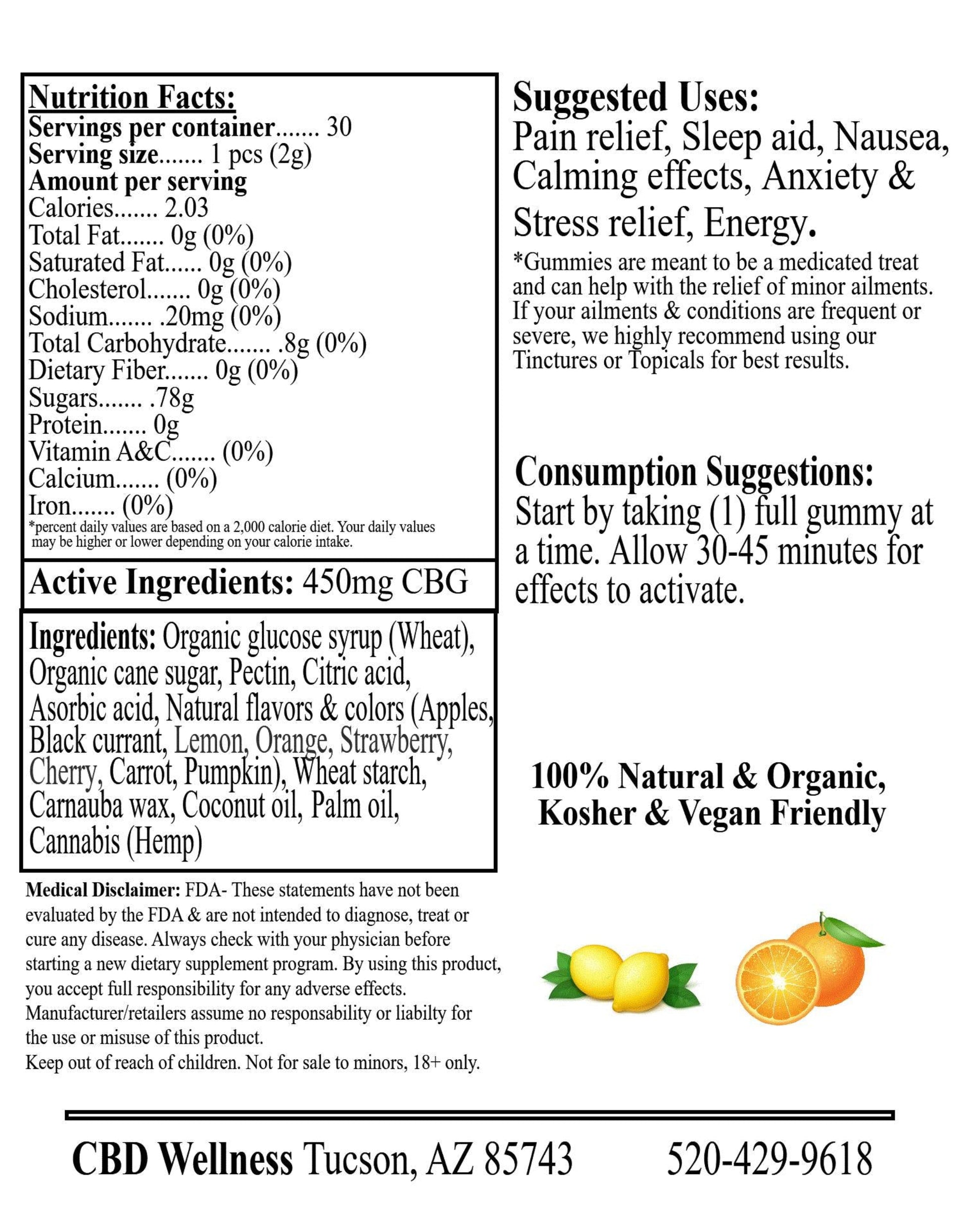 A black-and-white product information card for CBD Wellness, showing nutrition facts, active ingredients, suggested uses, consumption suggestions, and a disclaimer. No physical product is visible.