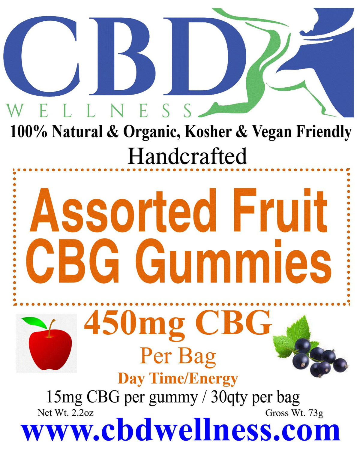 Promotional graphic for CBD Wellness Assorted Fruit CBG Gummies, featuring the brand logo, text stating '450mg CBG Per Bag,' fruit illustrations, and the website www.cbdwellness.com