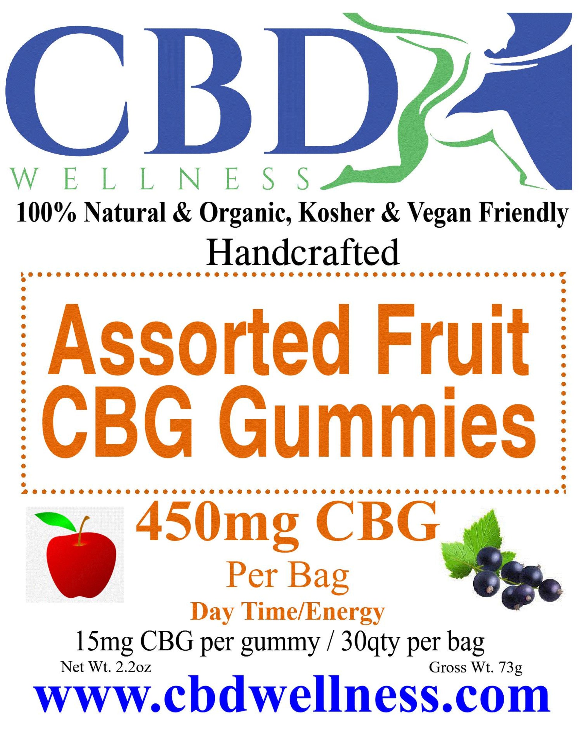 Promotional graphic for CBD Wellness Assorted Fruit CBG Gummies, featuring the brand logo, text stating '450mg CBG Per Bag,' fruit illustrations, and the website www.cbdwellness.com