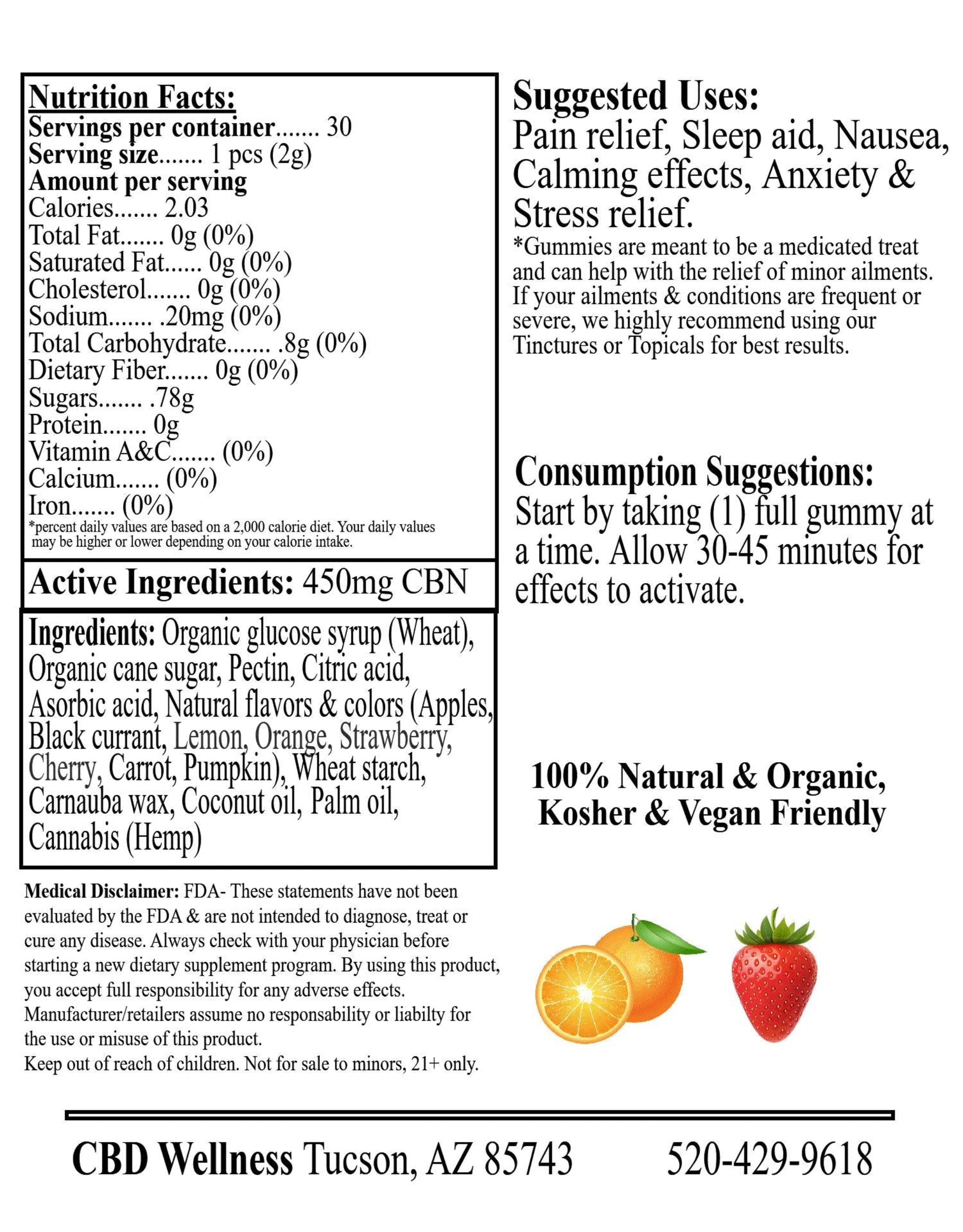 A black-and-white product information panel showing nutrition facts, active ingredients, suggested uses, consumption suggestions, and CBD Wellness contact details on a white background.