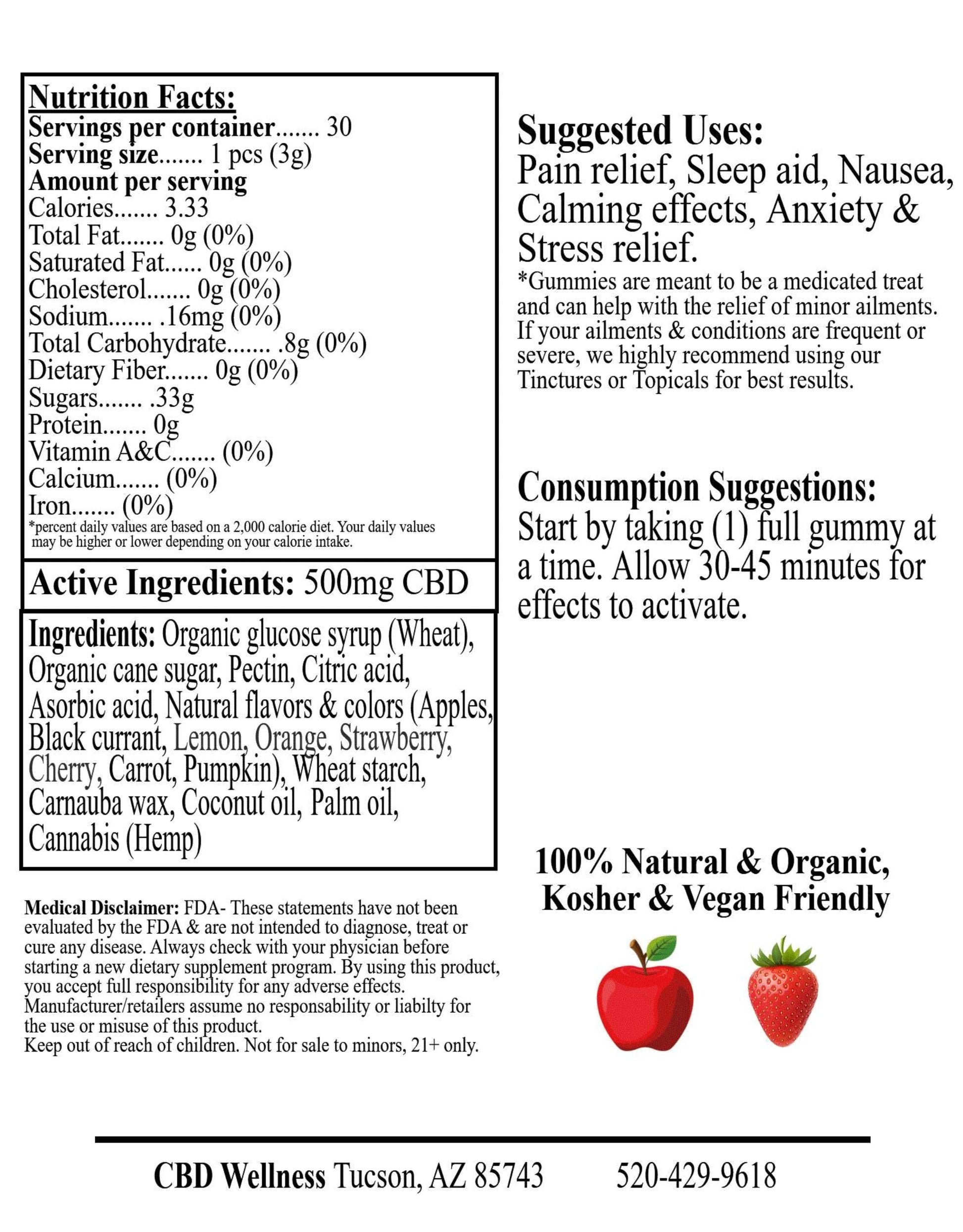 A black-and-white product information panel showing nutrition facts, active ingredients, suggested uses, consumption instructions, and a small red strawberry graphic. No physical product is visible.