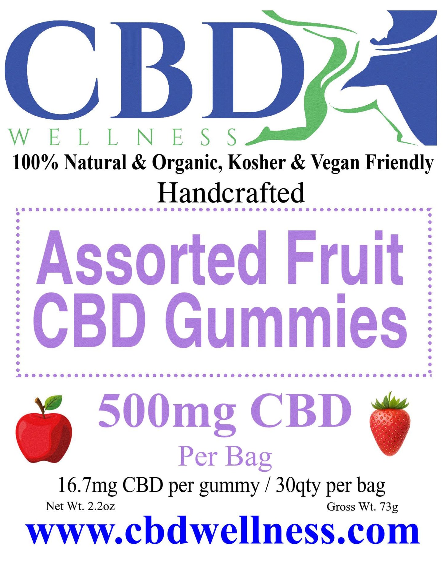 A product label for 'Assorted Fruit CBD Gummies' by CBD Wellness. The label features the CBD Wellness logo at the top, text detailing the product's natural and organic qualities, and a large purple title.