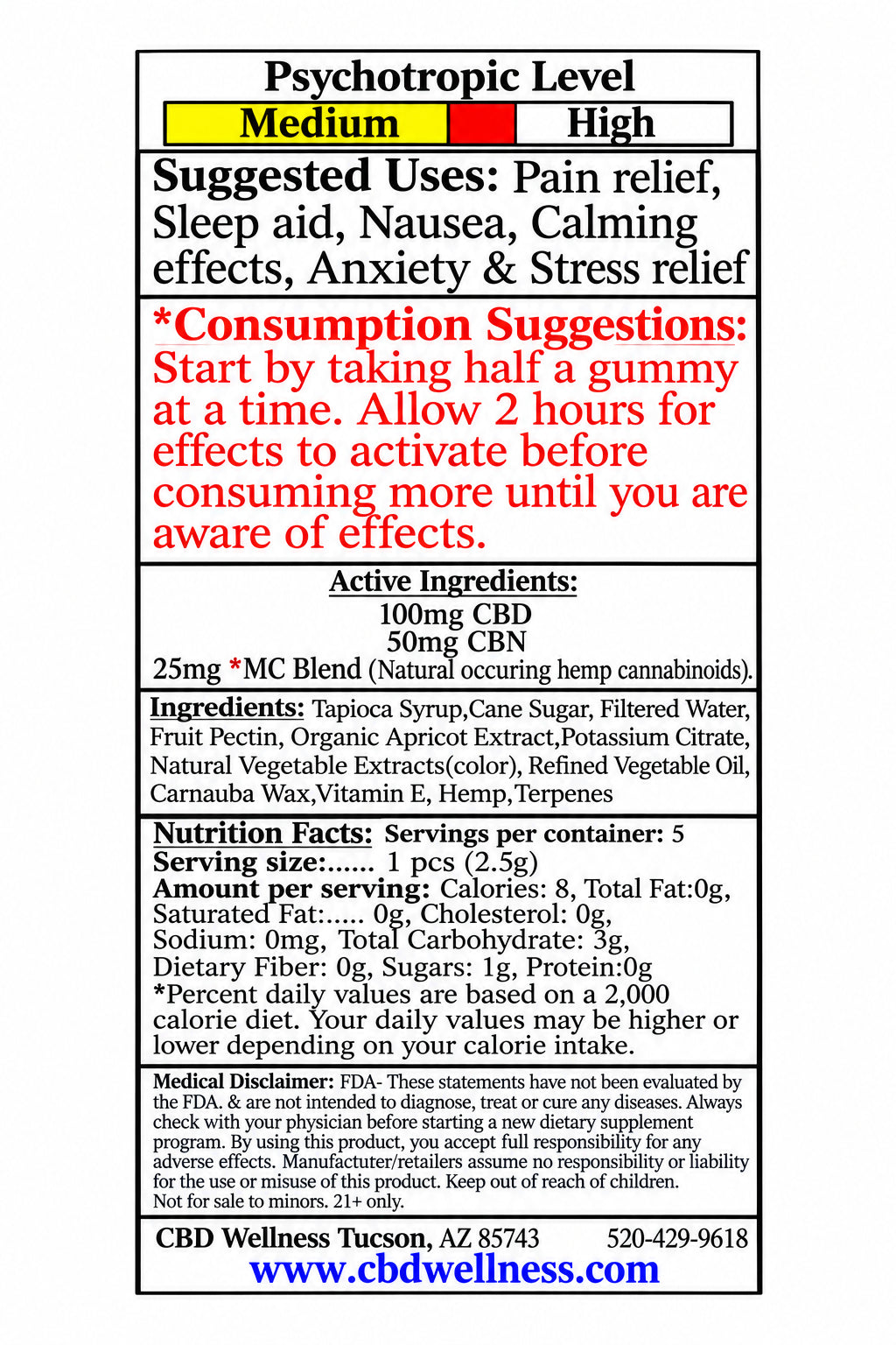 A close-up of a supplement product label with a white background and black text, featuring sections for psychotropic level, suggested uses, consumption suggestions, active ingredients, nutrition facts, and a website at the bottom.