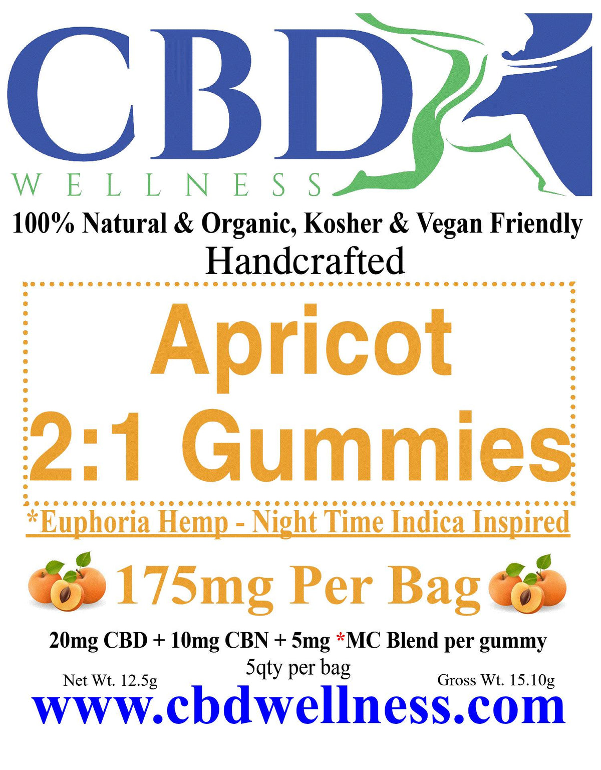 Promotional graphic for CBD Wellness Apricot 2:1 Gummies, featuring the brand logo, product name, flavor description, potency details, and website URL on a white background.