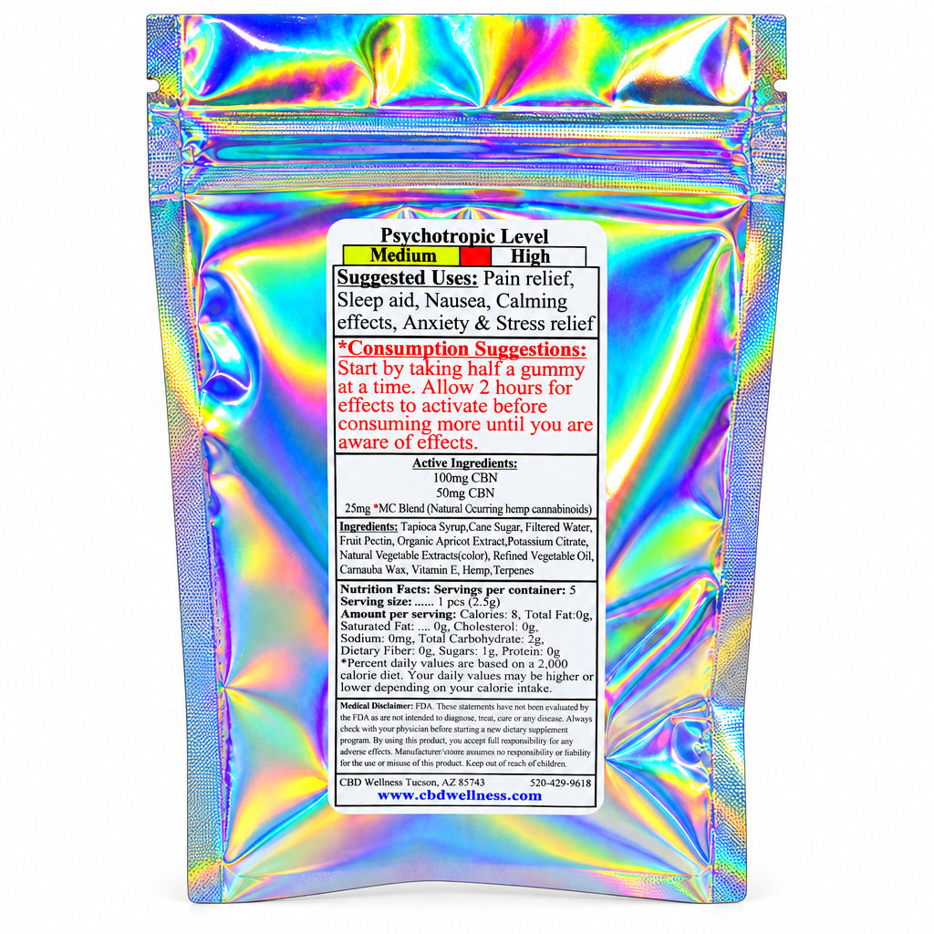 A holographic silver stand-up pouch of 'Psychotropic Level' gummies, showing the back label with product details, on a plain light background.