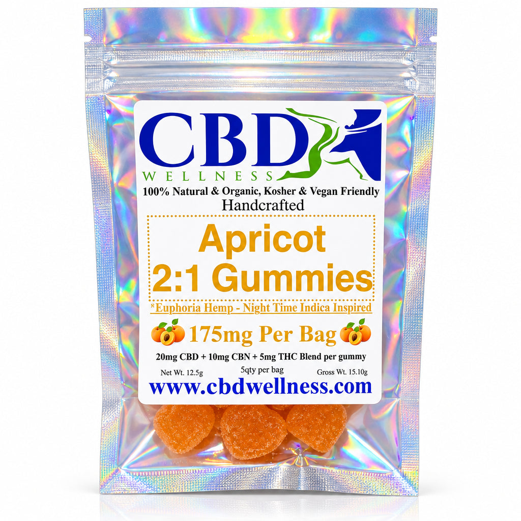 A sealed holographic stand-up pouch containing amber-colored gummies, with a large front label reading CBD and Apricot 2:1 Gummies. The pouch has an iridescent reflective finish and is photographed against a plain light background.