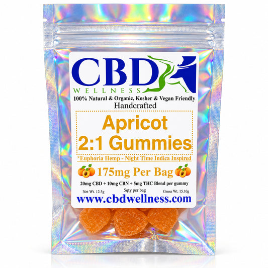 A sealed holographic stand-up pouch containing amber-colored gummies, with a large front label reading CBD and Apricot 2:1 Gummies. The pouch has an iridescent reflective finish and is photographed against a plain light background.