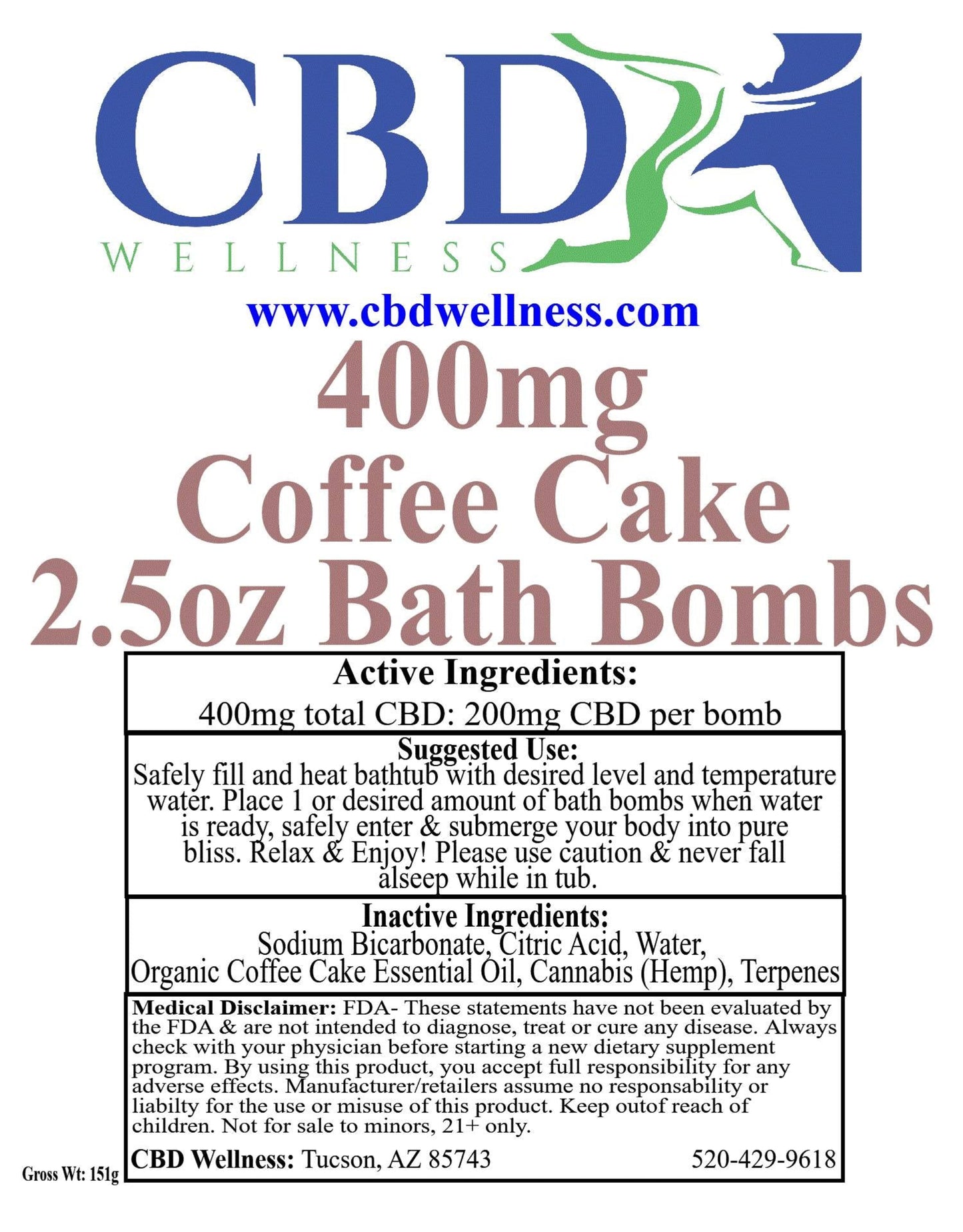 A product information card for CBD Wellness '400mg coffee cake' 2.5oz edible bombs.