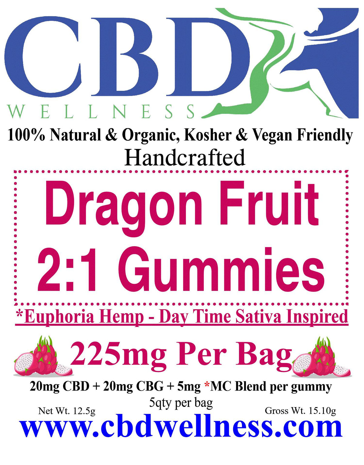 A promotional graphic for CBD Wellness Dragon Fruit 2:1 Gummies. The design features a white background with a large blue and green CBD Wellness logo at the top, followed by descriptive text in black and pink.