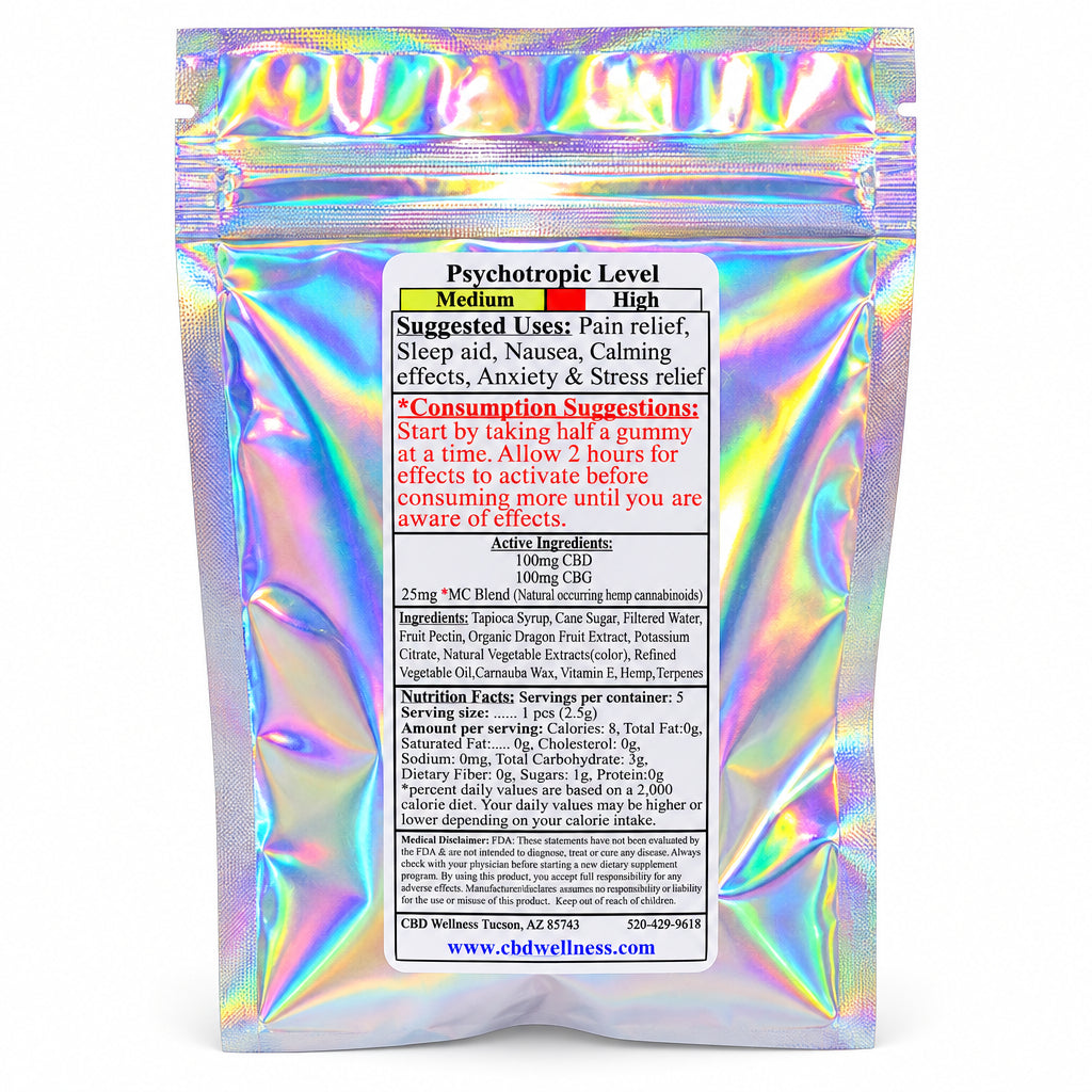 A holographic silver stand-up pouch containing Psychotropic Level gummies, with a white label detailing usage and ingredients.