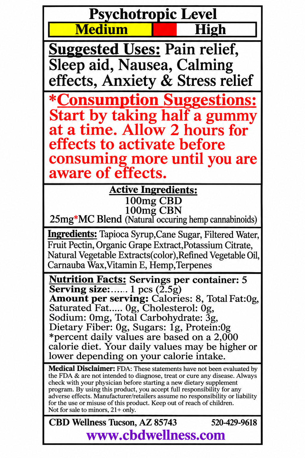 A supplement product label with a red, yellow, and blue horizontal header reading 'Psychoactive Level' and 'Medium' and 'High' in the center. The label includes suggested uses, consumption suggestions, active ingredients, nutrition facts, and a website at the bottom.