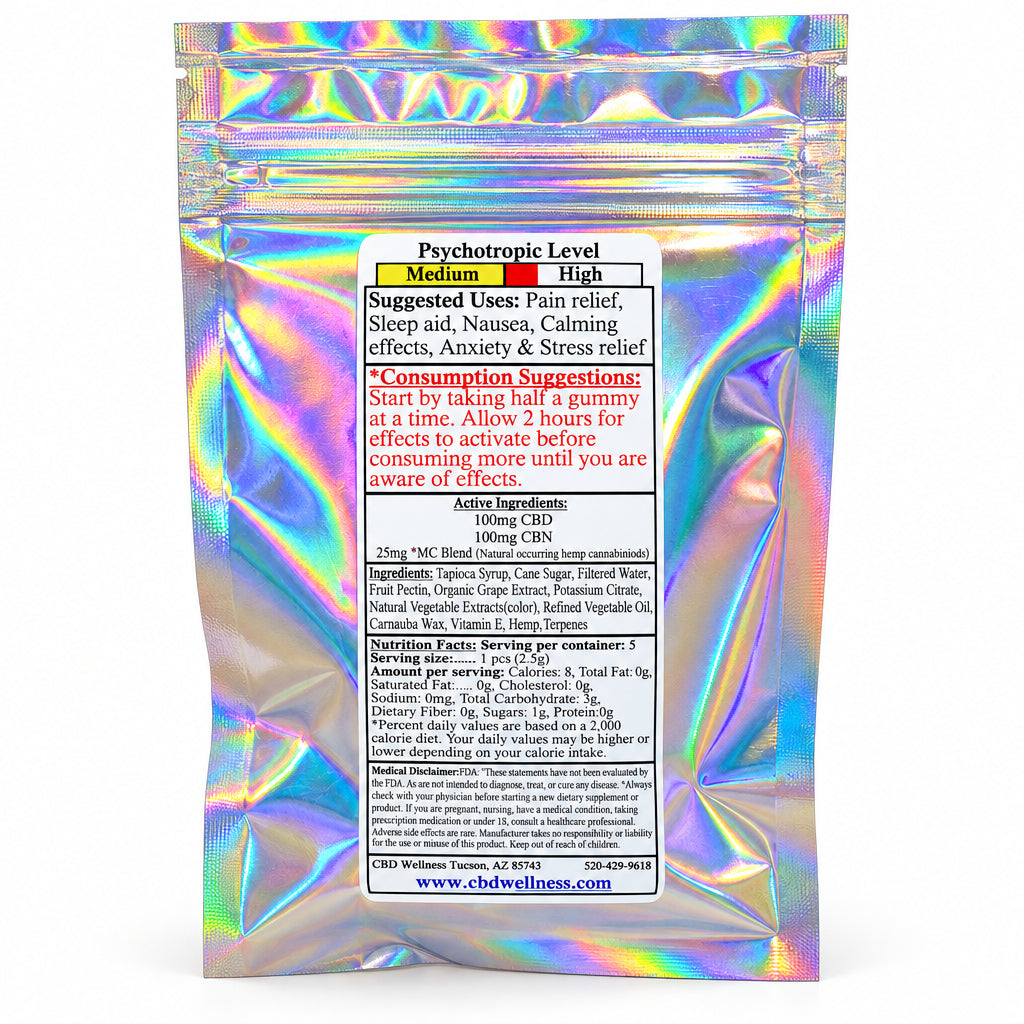A holographic stand-up pouch with a white front label, photographed against a plain light background. The label reads 'Psychotropic Level' and lists ingredients and usage instructions.