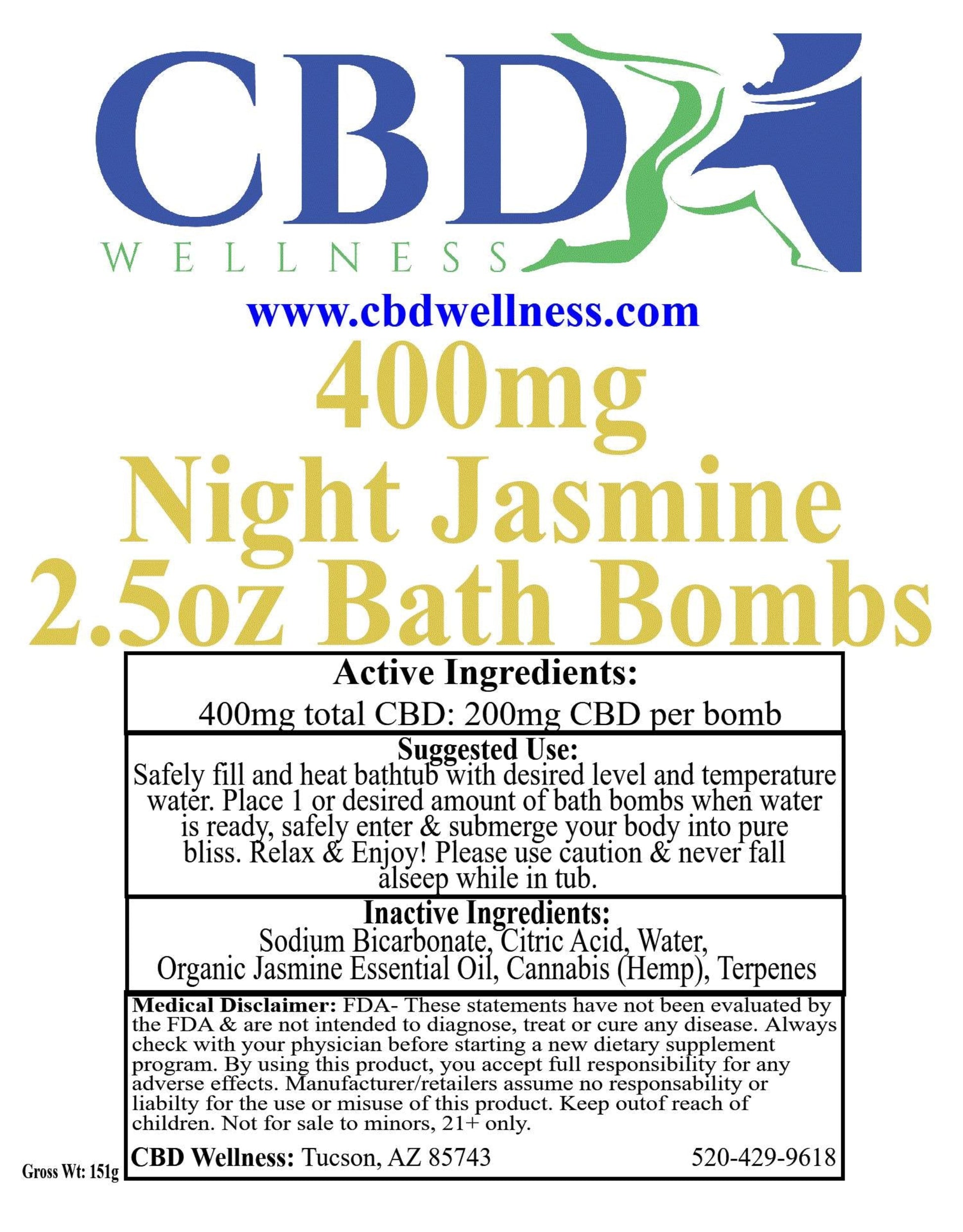 A product label card for CBD Wellness CBD Night Jasmine 2.5oz Bulk Bombs.