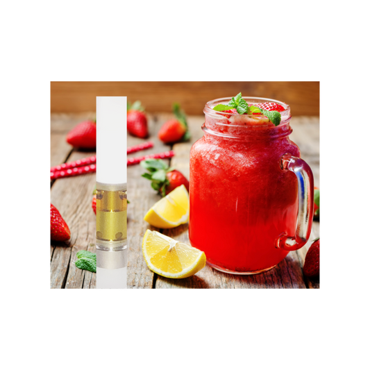 A clear disposable vape device with a white mouthpiece stands next to a glass mason jar filled with a red strawberry drink, set on a rustic wooden table with strawberries, lemon slices, and mint leaves.