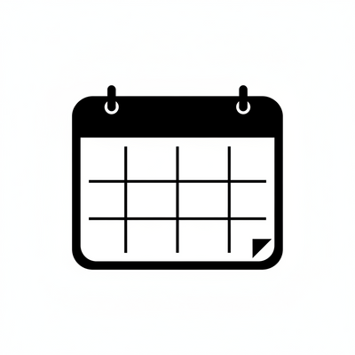 A black calendar icon with a white grid and hanging tabs on a white background