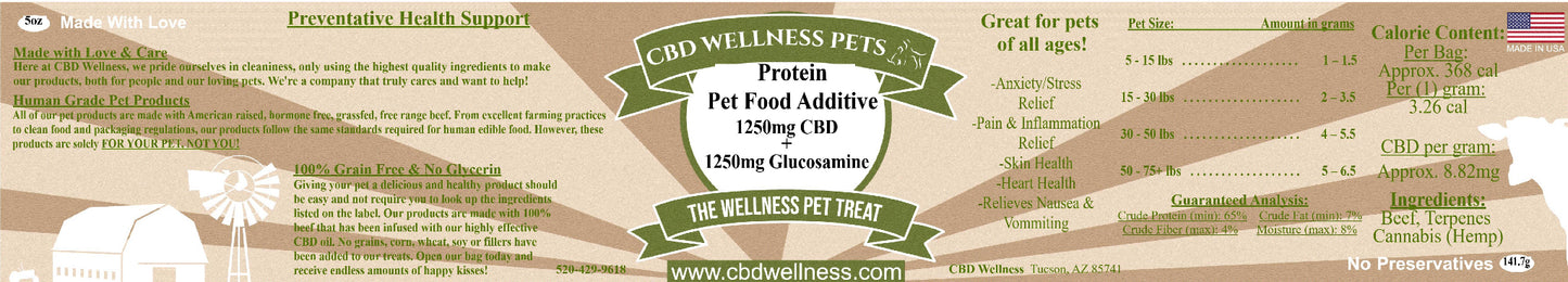 CBD Wellness 1250mg CBD + 1250mg Glucosamine Protein Pet Food Additive label — grain-free, no preservatives, beef and hemp ingredients, for dogs and cats all ages