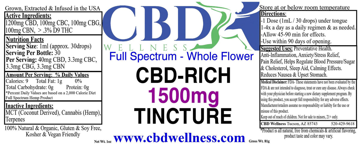 CBD Wellness 1500mg CBD-Rich Natural Tincture label — 1500mg CBD, 100mg CBC, 100mg CBG, 100mg CBN, full-spectrum whole plant hemp, grown and made in USA