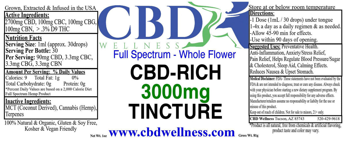 CBD Wellness 3000mg CBD-Rich Natural Tincture label — 3000mg CBD, 100mg CBC, 100mg CBG, 100mg CBN, full-spectrum whole plant hemp, grown and made in USA