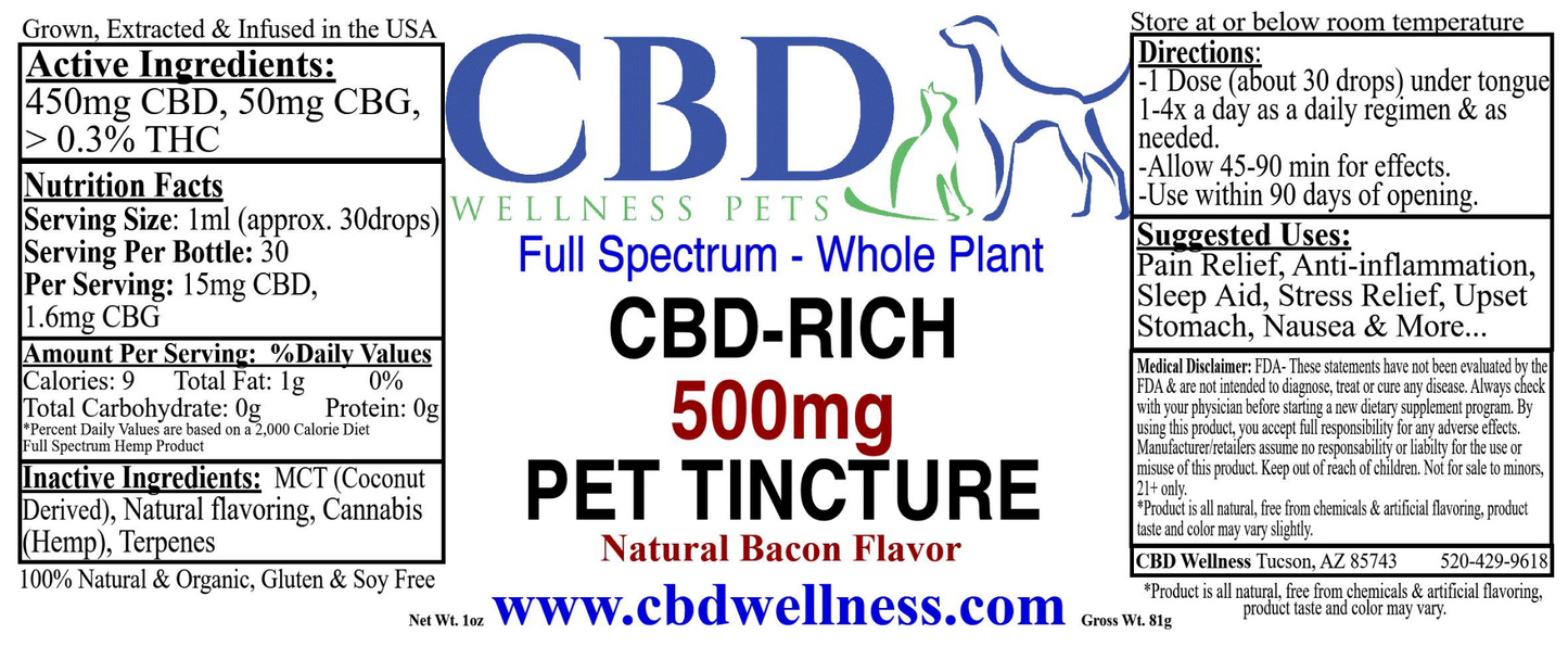 CBD Wellness 500mg Bacon Flavor Pet Tincture label detail — full-spectrum CBD-Rich hemp tincture, 15mg CBD per serving, 30 servings, THC-free, lab-tested for dogs and cats
