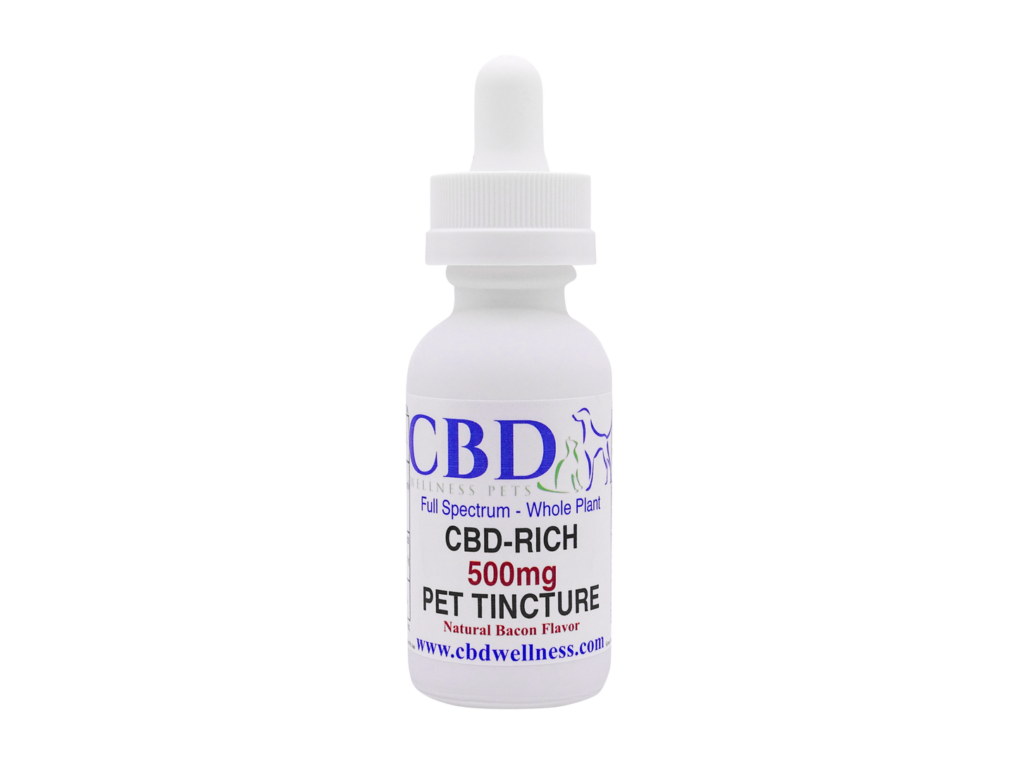 CBD Wellness 500mg CBD-Rich Pet Tincture product label — Natural Bacon Flavor, full-spectrum whole plant hemp, 450mg CBD + 50mg CBG, for dogs and cats, made in USA