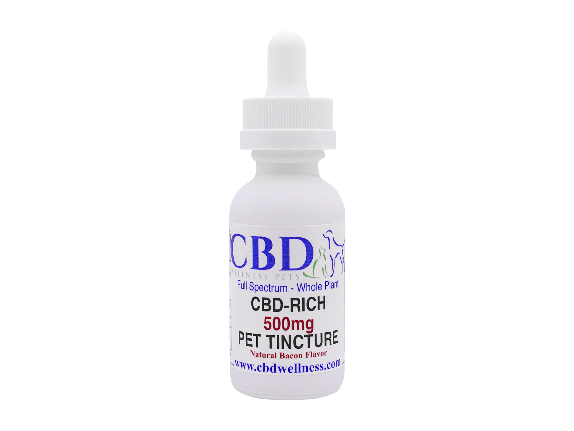 CBD Wellness 500mg CBD-Rich Pet Tincture product label — Natural Bacon Flavor, full-spectrum whole plant hemp, 450mg CBD + 50mg CBG, for dogs and cats, made in USA