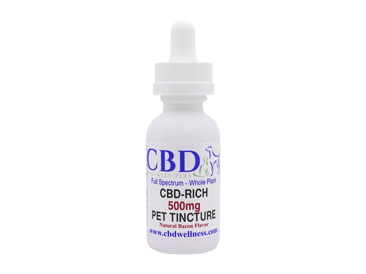 CBD Wellness 500mg CBD-Rich Pet Tincture product label — Natural Bacon Flavor, full-spectrum whole plant hemp, 450mg CBD + 50mg CBG, for dogs and cats, made in USA