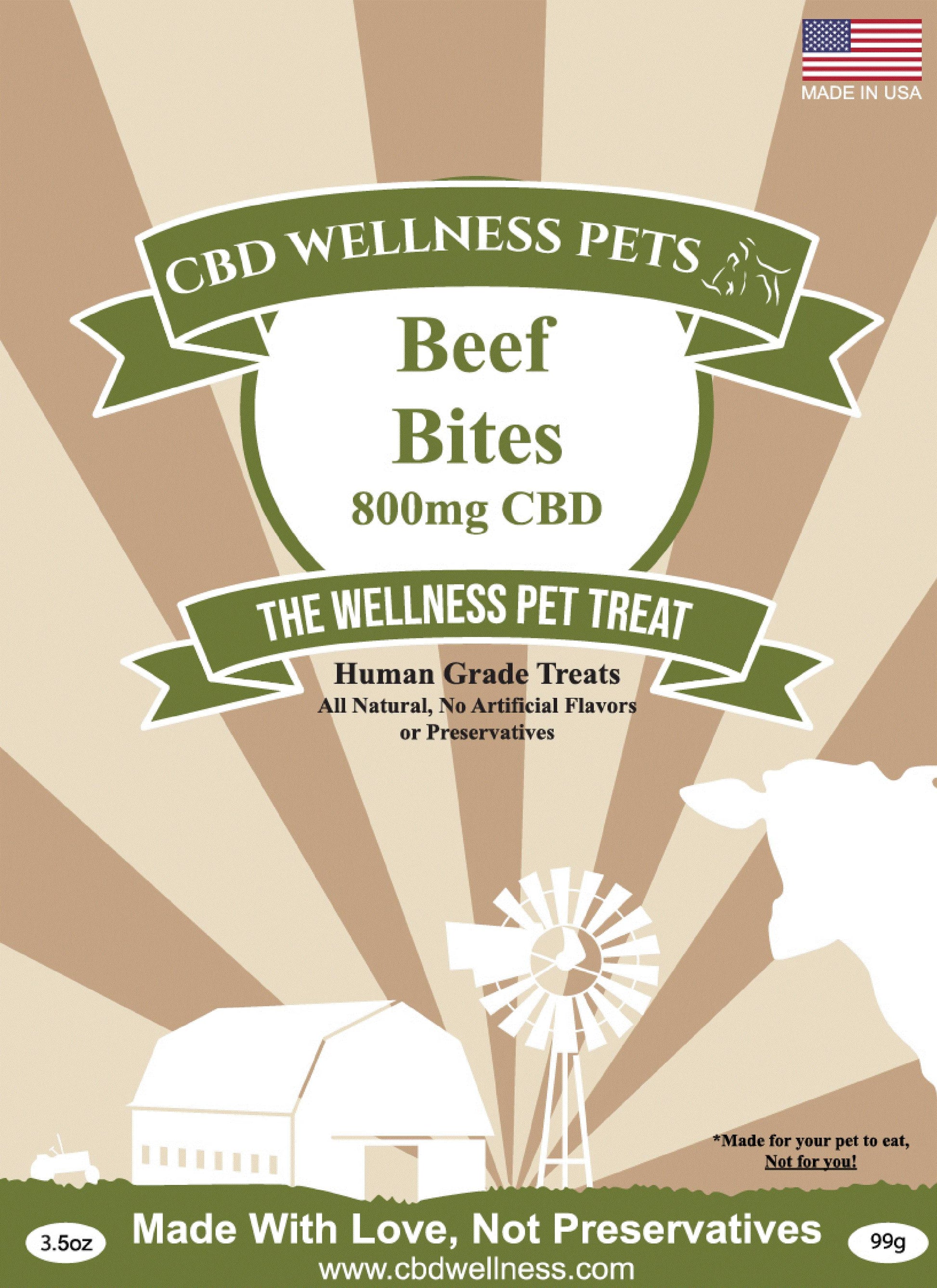 CBD Wellness Pets 800mg CBD Beef Bites — human grade dog treats, grain-free, no preservatives, made in USA, 3.5oz bag