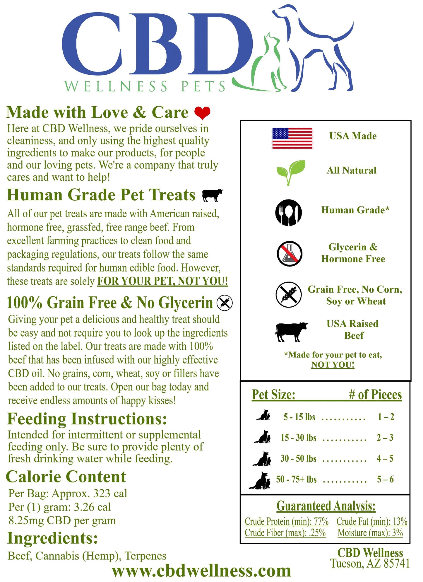 CBD Wellness 800mg CBD Beef Bites back label — human grade, grain-free, hormone-free USA raised beef, 8.25mg CBD per gram, ingredients and feeding instructions for dogs